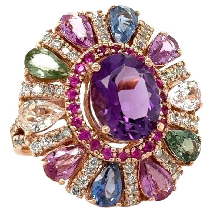 7.87 Carat Natural Amethyst Sapphire and Diamond Rose Gold Cocktail Ring

**This ring has our heart** Truly one-of-a-kind color and beyond stunning in person!

Ring Specs:

Natural Amethyst  (Oval Cut) = 2.89 carats
10 Natural Multi Colored