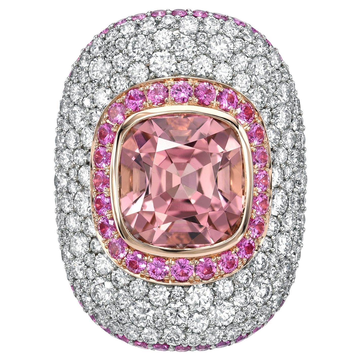 7.87 Carat Pink Tourmaline Cushion Cocktail Ring Platinum Diamond - Merkaba