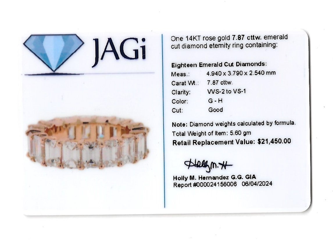 7.87 Carat Total Emerald Cut Diamond Eternity Band Ring in Rose Gold, G-H / VVS2 For Sale 5