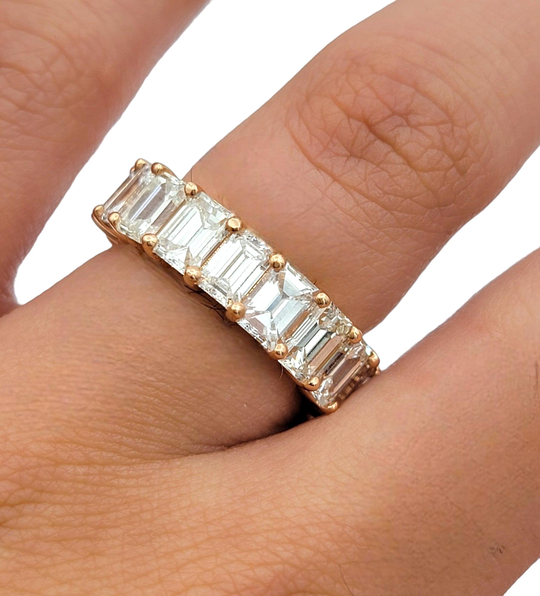 7.87 Carat Total Emerald Cut Diamond Eternity Band Ring in Rose Gold, G-H / VVS2 For Sale 2