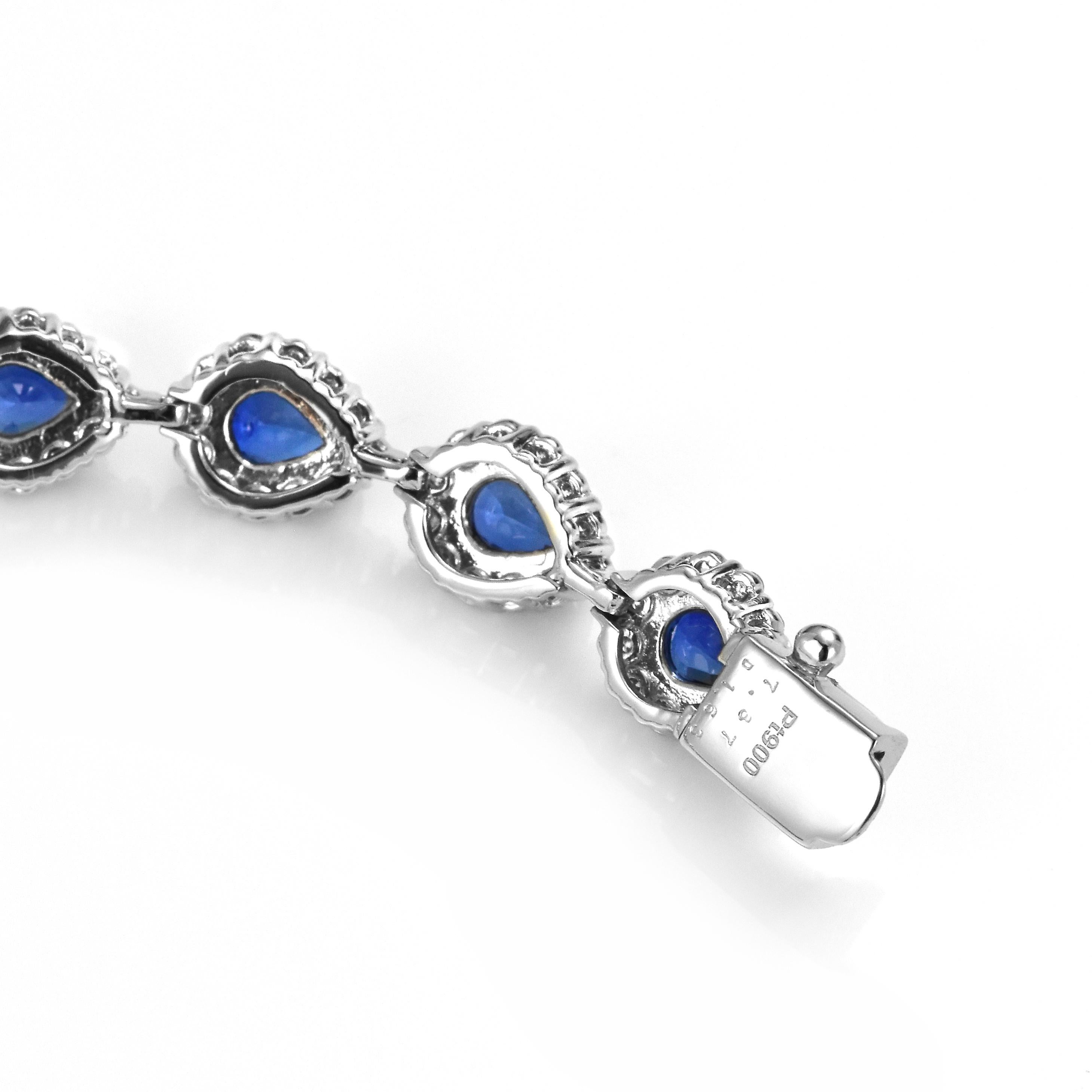 Taille poire Bracelet tennis en platine avec saphir bleu royal de 7,87 carats et diamants