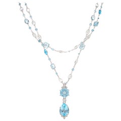 78.79 Carat Mixed Cut Blue Topaz and Diamond Necklace in Platinum and 18 Karat