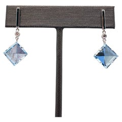 Used 7.88 carat mirror cut aquamarine, diamond, 14k white gold earrings- Glitter&Gold