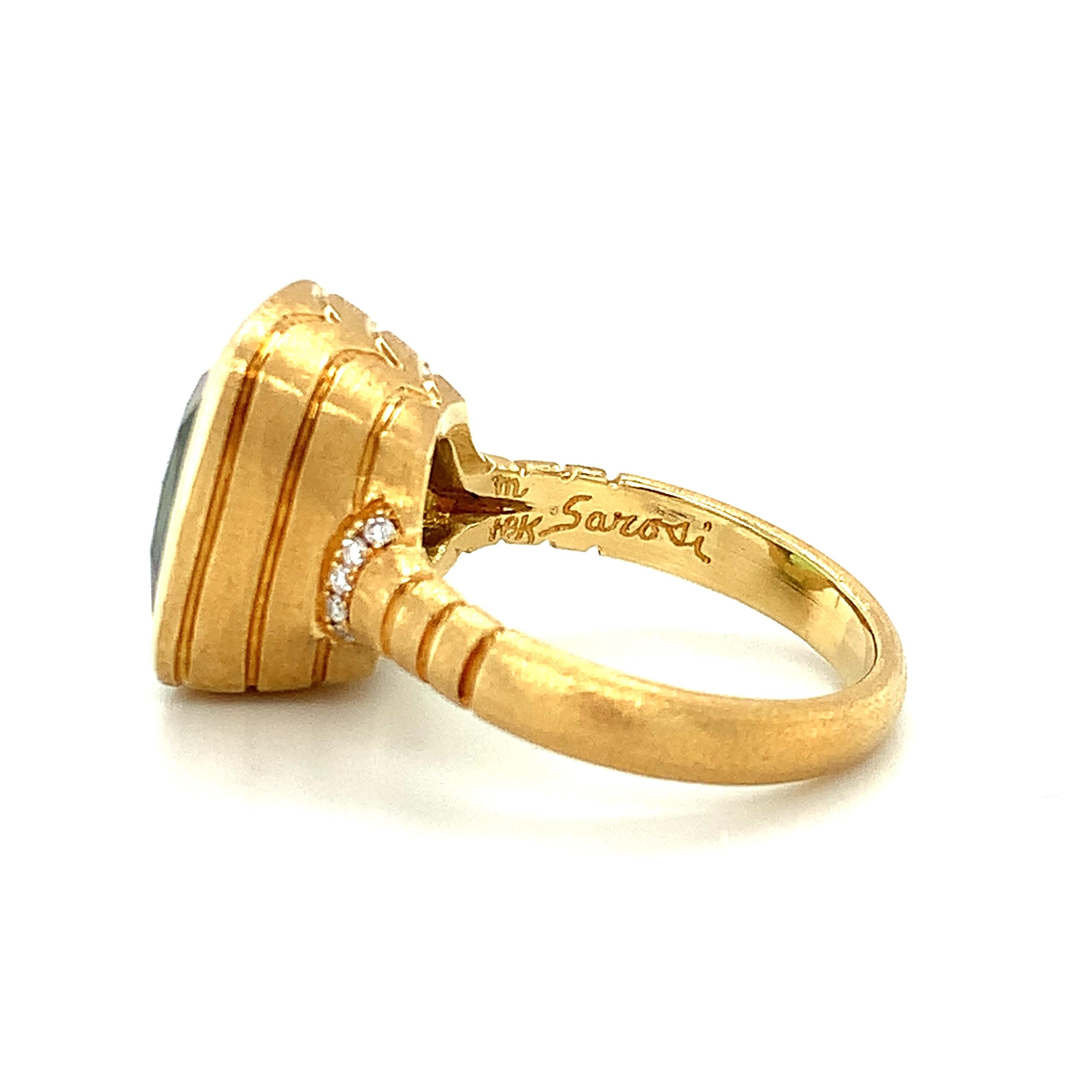 Artisan Peridot and Diamond, 18k Yellow Gold Handmade Bezel Ring, 7.88 Carats  For Sale