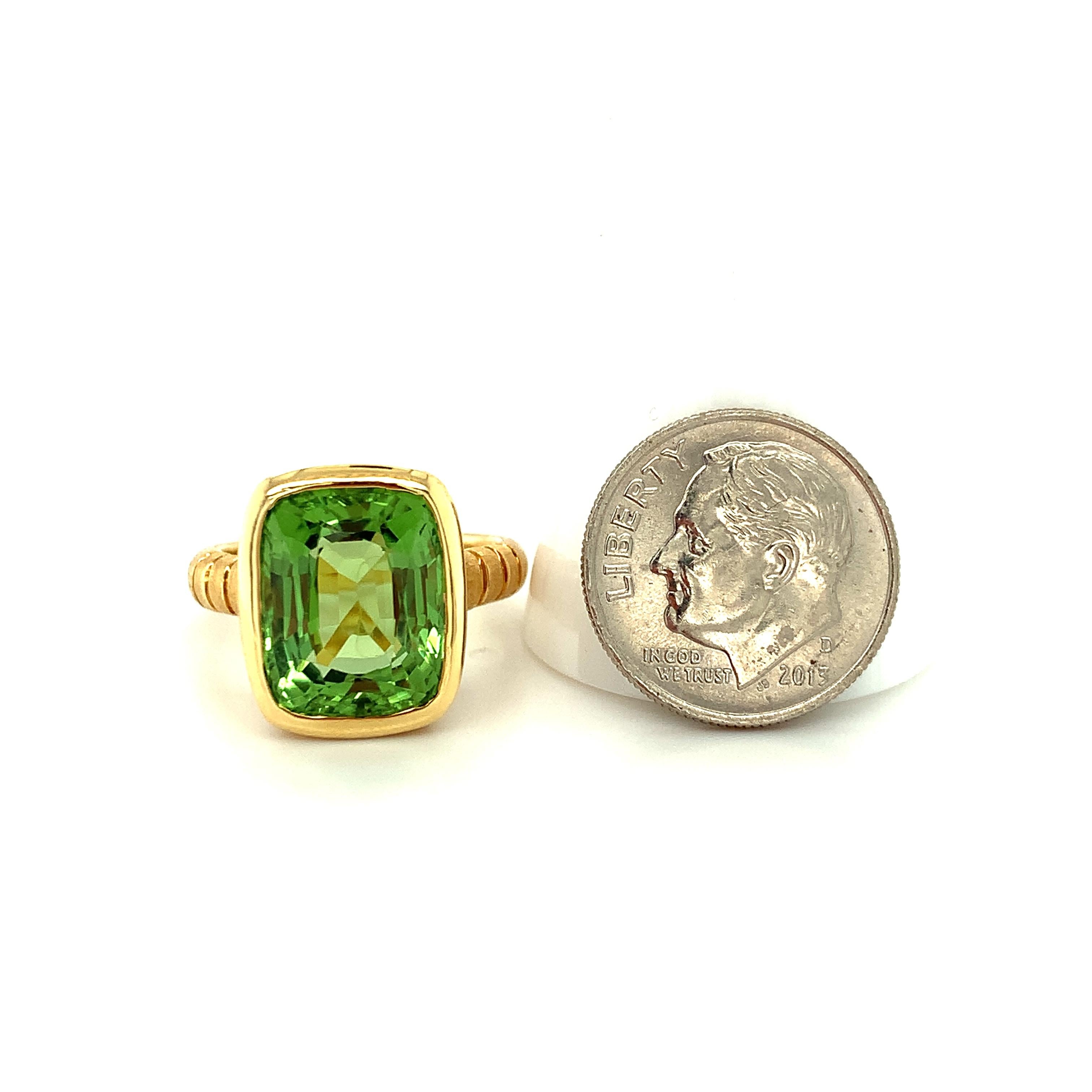 Women's or Men's Peridot and Diamond, 18k Yellow Gold Handmade Bezel Ring, 7.88 Carats  For Sale
