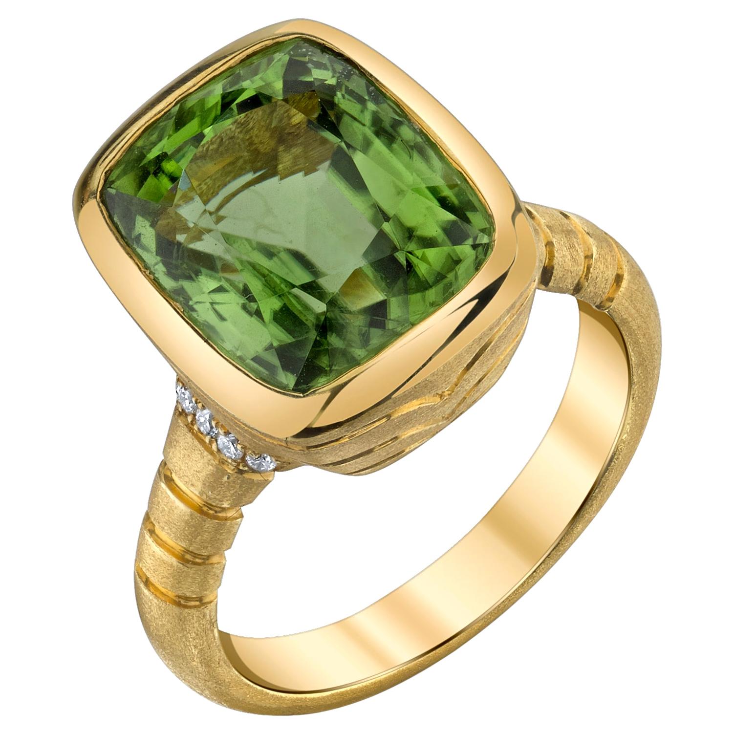 Peridot and Diamond, 18k Yellow Gold Handmade Bezel Ring, 7.88 Carats  For Sale