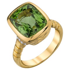 Peridot and Diamond, 18k Yellow Gold Handmade Bezel Ring, 7.88 Carats 