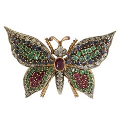  Rubies Emeralds Blue Sapphires Butterfly Pendant Necklace/Brooch
