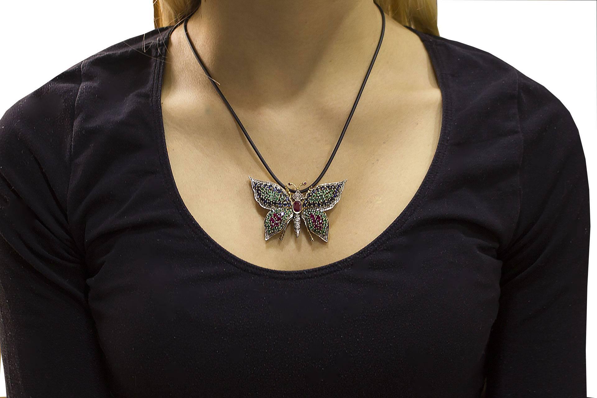  Rubies Emeralds Blue Sapphires Butterfly Pendant Necklace/Brooch 9