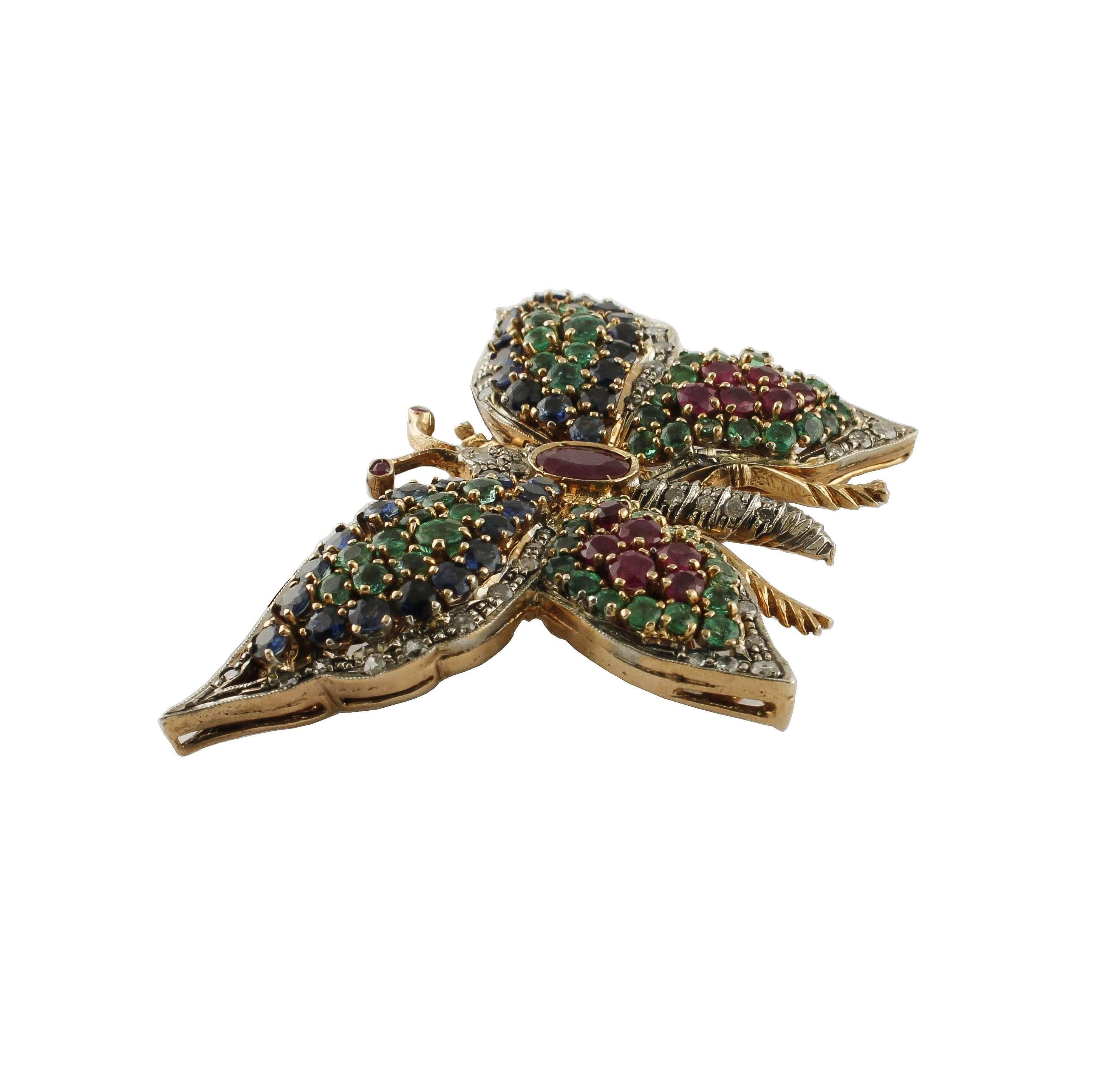 Women's  Rubies Emeralds Blue Sapphires Butterfly Pendant Necklace/Brooch