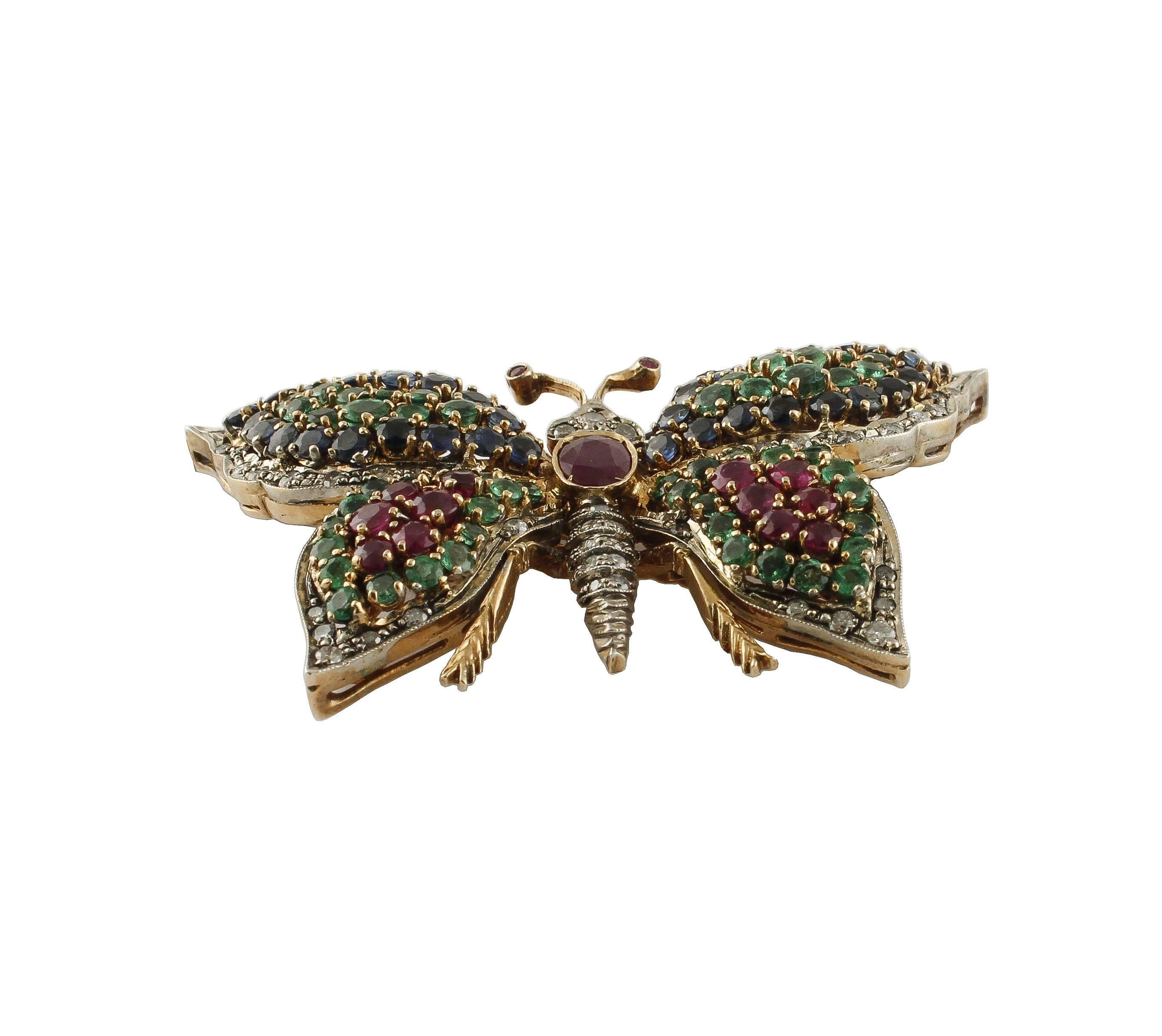  Rubies Emeralds Blue Sapphires Butterfly Pendant Necklace/Brooch 1