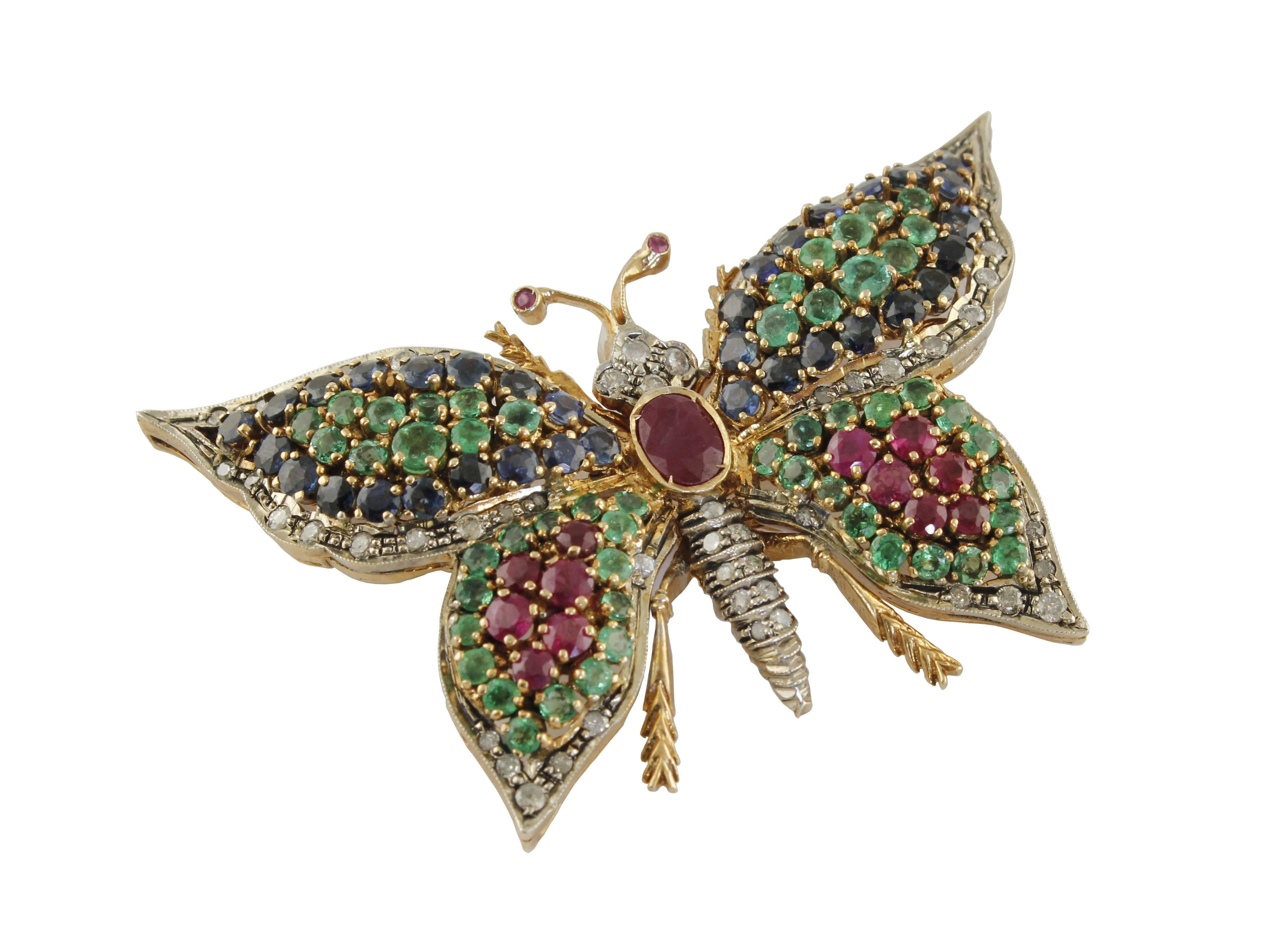  Rubies Emeralds Blue Sapphires Butterfly Pendant Necklace/Brooch 3