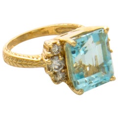 7.88 Total Carat Weight Natural Aquamarine and Diamond Ring 14 Karat Yellow Gold