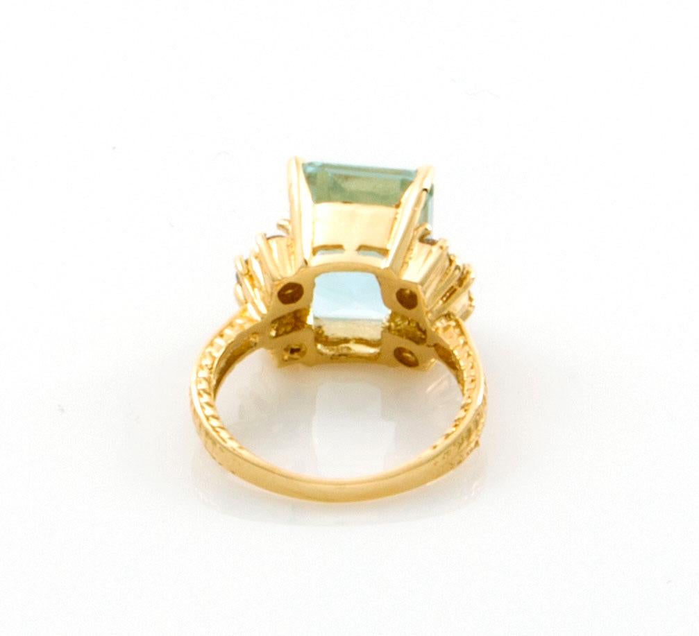 Emerald Cut 7.88 Total Carat Weight Natural Aquamarine and Diamond Ring 14 Karat Yellow Gold For Sale