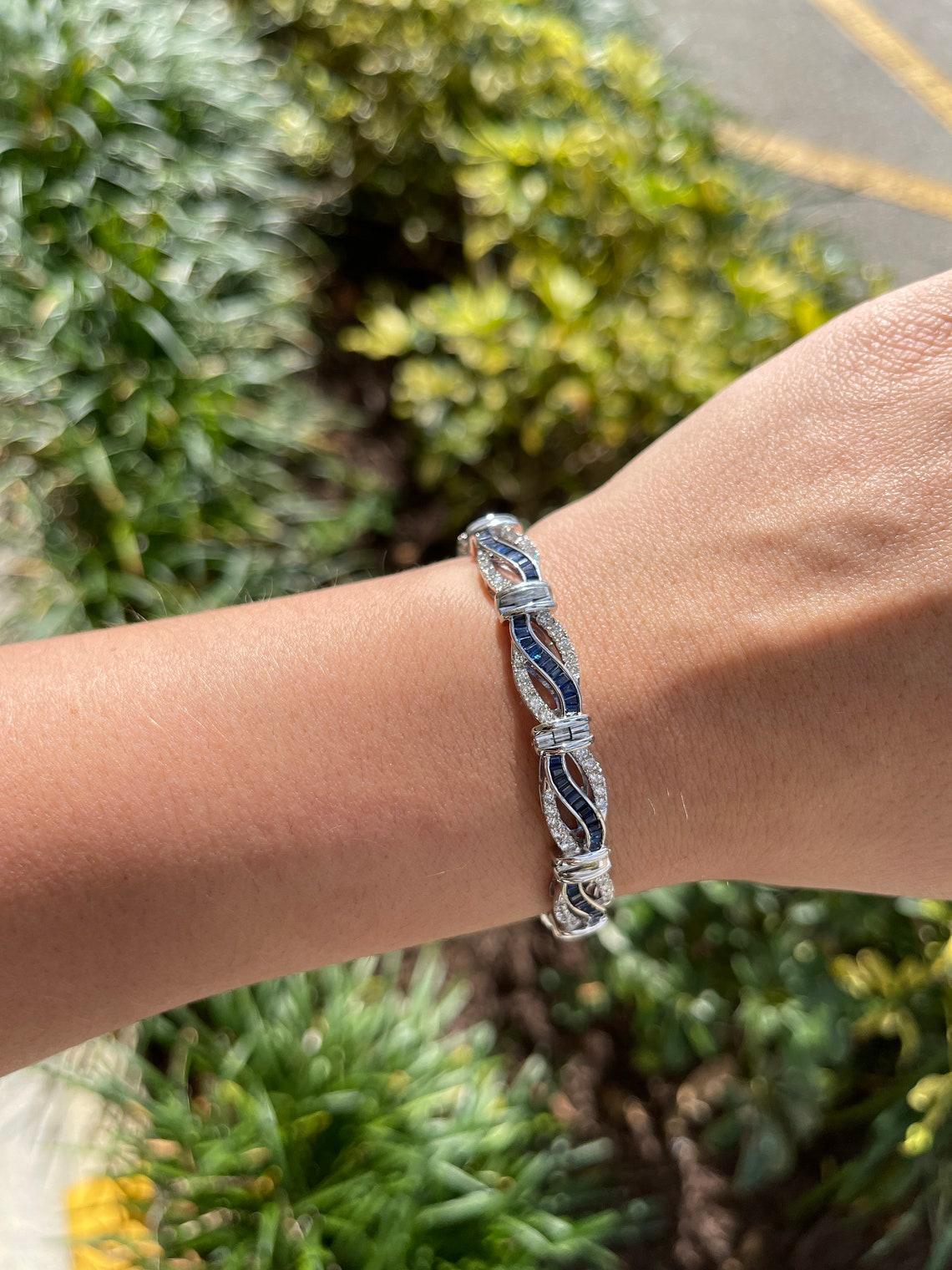 Round Cut 7.88tcw 14K White Gold Sapphire & Diamond Bracelet Luxury High Quality Sapphire For Sale