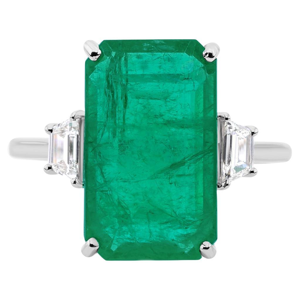 7.8ct Emerald Cut Emerald Tapered Diamond Three Stone 18k White Gold Ring