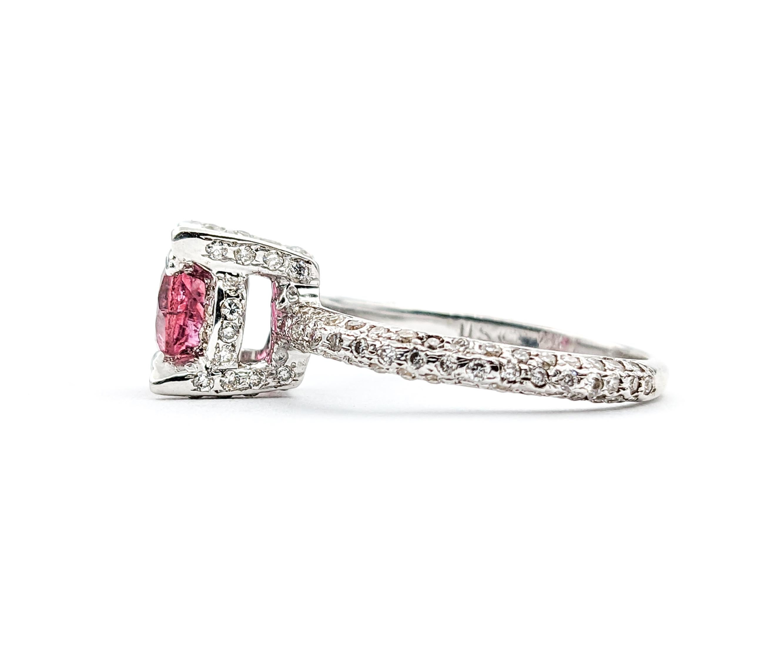 Round Cut .78ct Pink Tourmaline & .75ctw Diamonds Ring In White Gold For Sale
