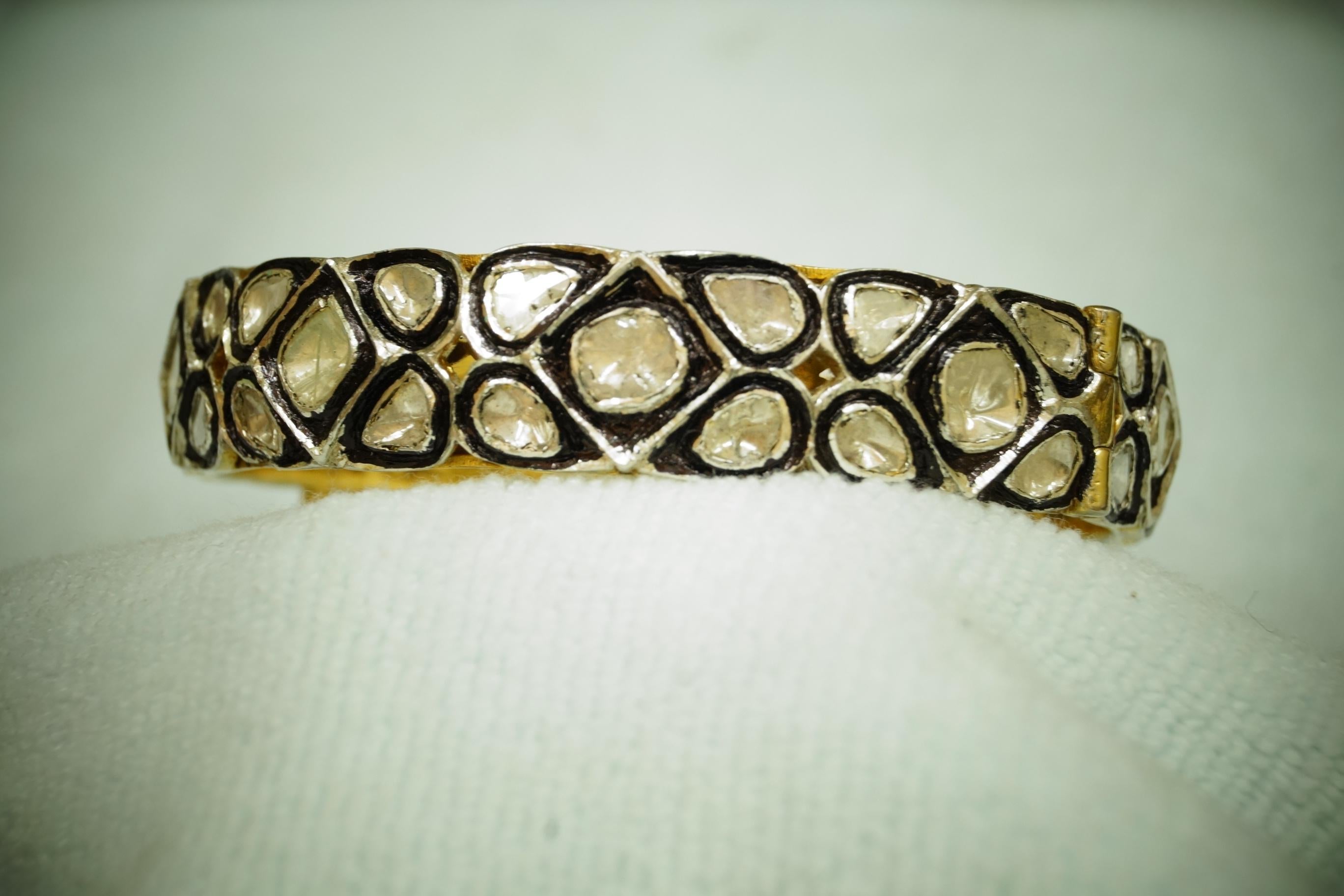 Retro Victorian Natural uncut rose cut diamond double tone sterling silver bracelet For Sale
