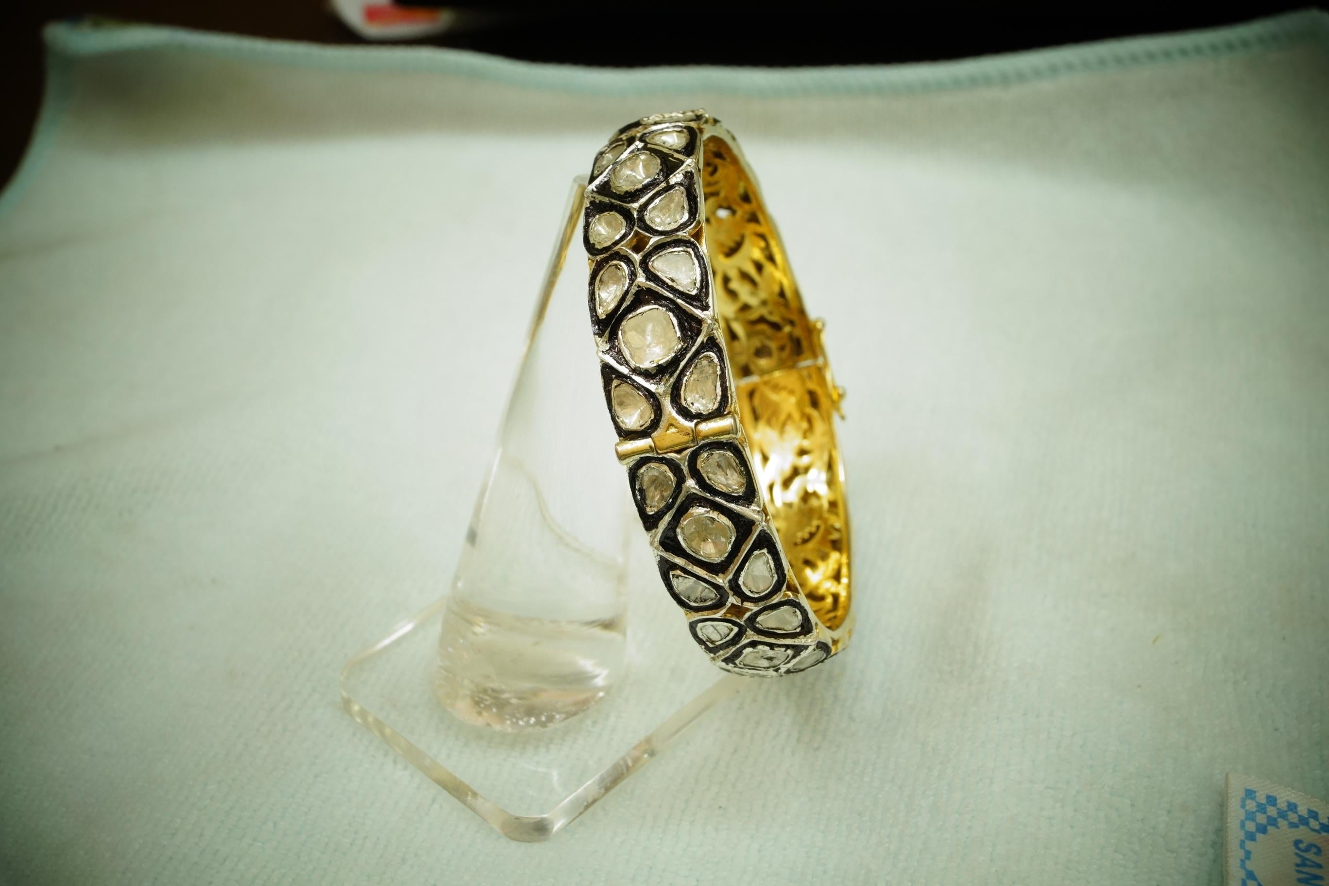 Mixed Cut Victorian Natural uncut rose cut diamond double tone sterling silver bracelet For Sale