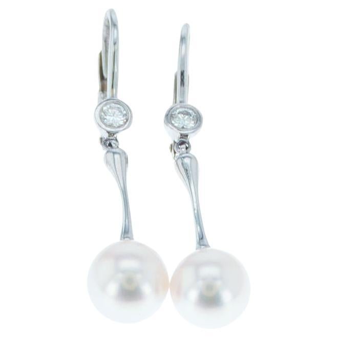 Pearl Dangle Earrings with Diamond Accenting For Sale