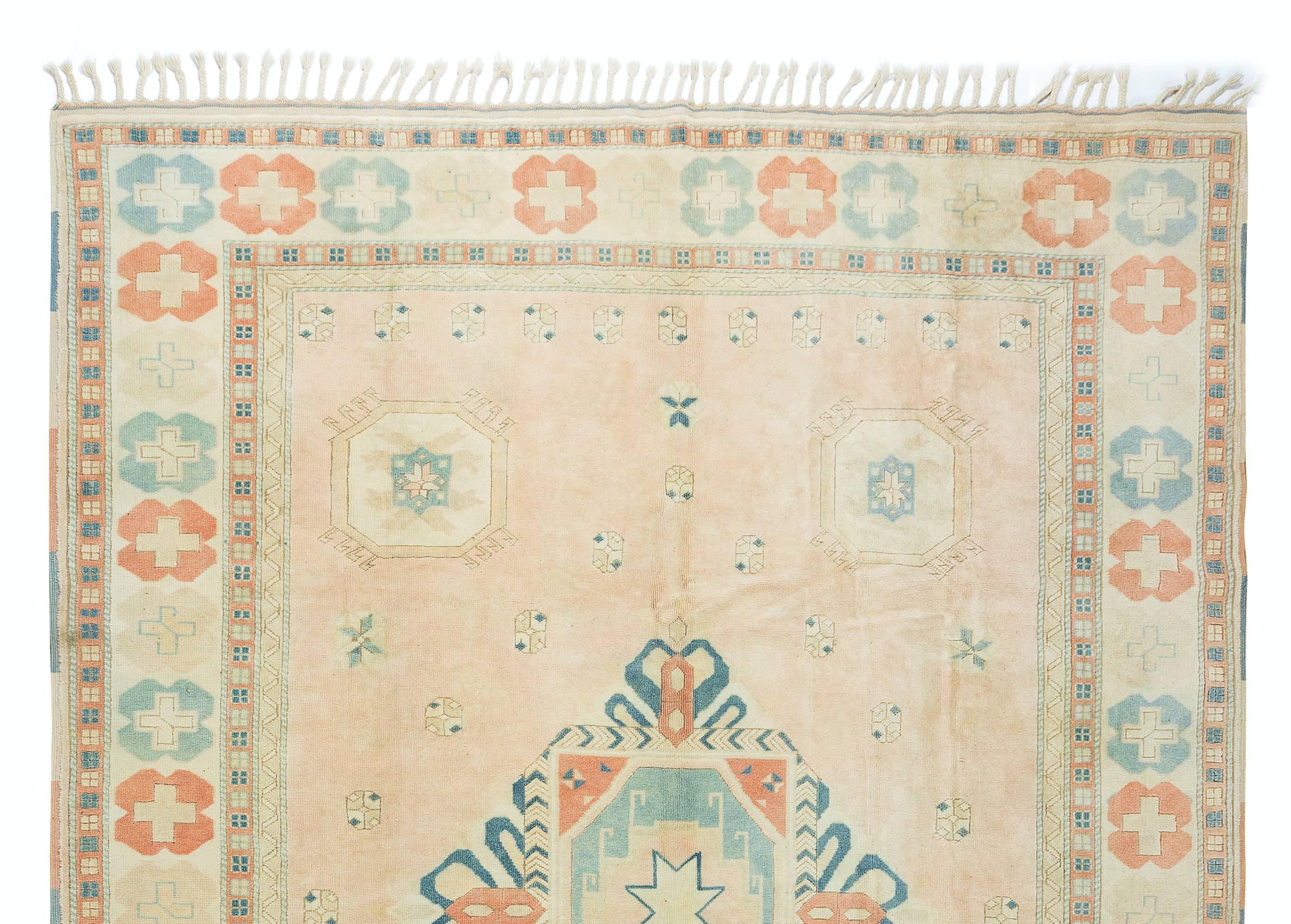 Hand-Knotted 7.8x10 Ft Vintage Antique Washed Oushak Rug, Handmade Geometric Design Carpet For Sale