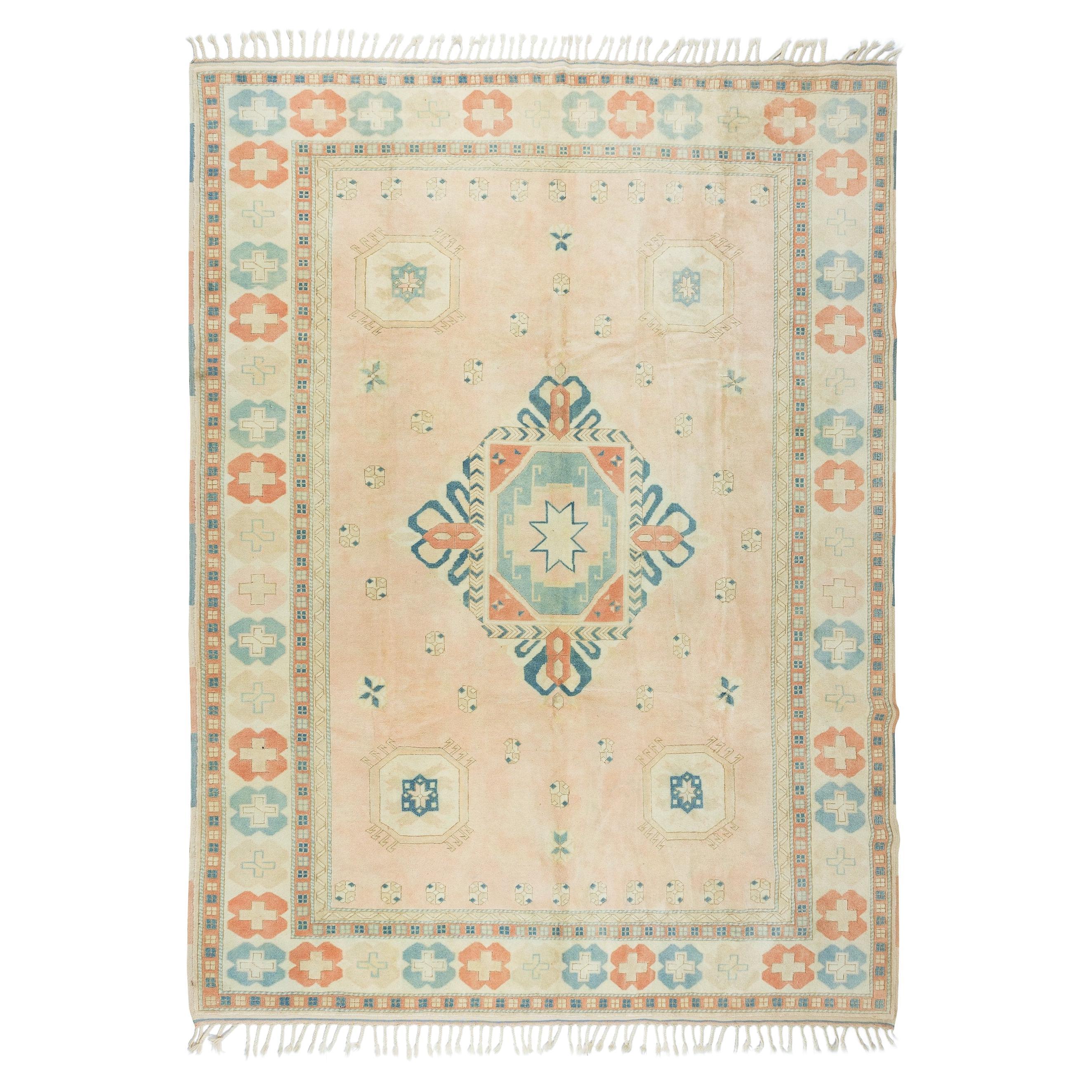 7.8x10 Ft Vintage Antique Washed Oushak Rug, Handmade Geometric Design Carpet For Sale