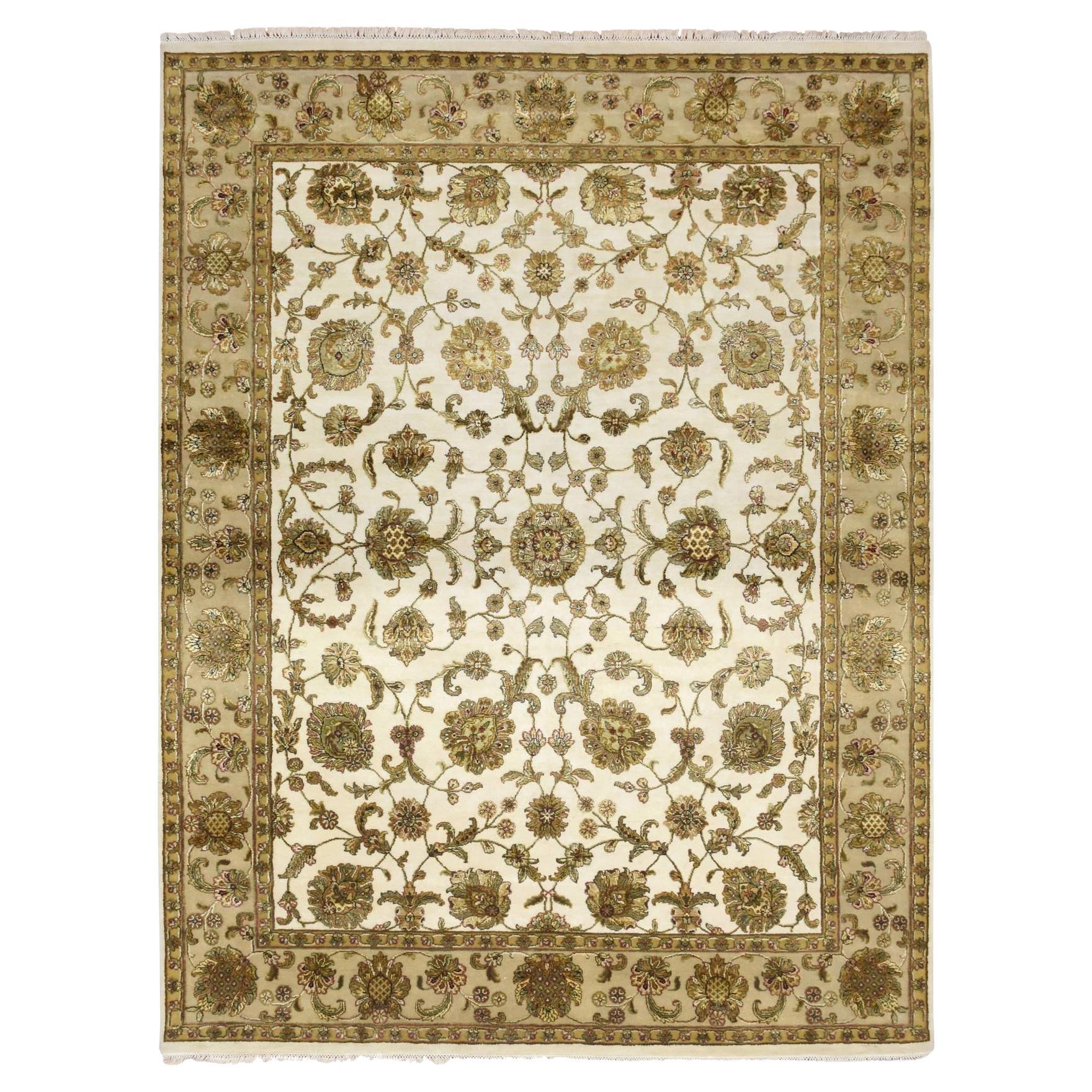 7'8 "x10' Rajasthan bianco con disegno di foglie in lana e seta annodato a mano Rugs