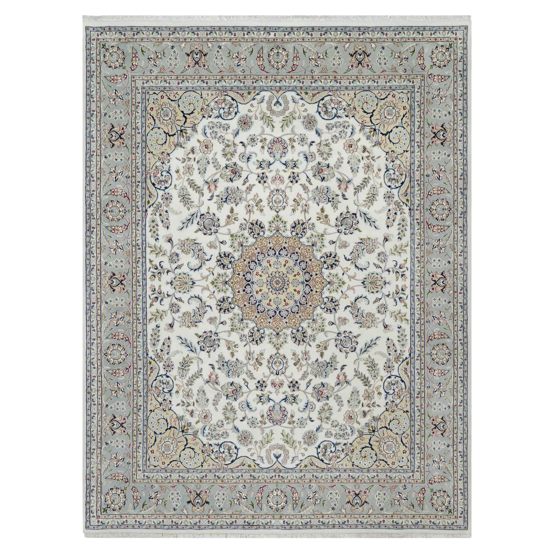 7'8"x10'2" White Nain with Flower Design Hand Knotted 250 KPSI Wool & Silk Rug