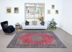 7.8x10.5 Ft One of a kind Handmade Vintage Anatolian Area Rug in Red & Dark Blue