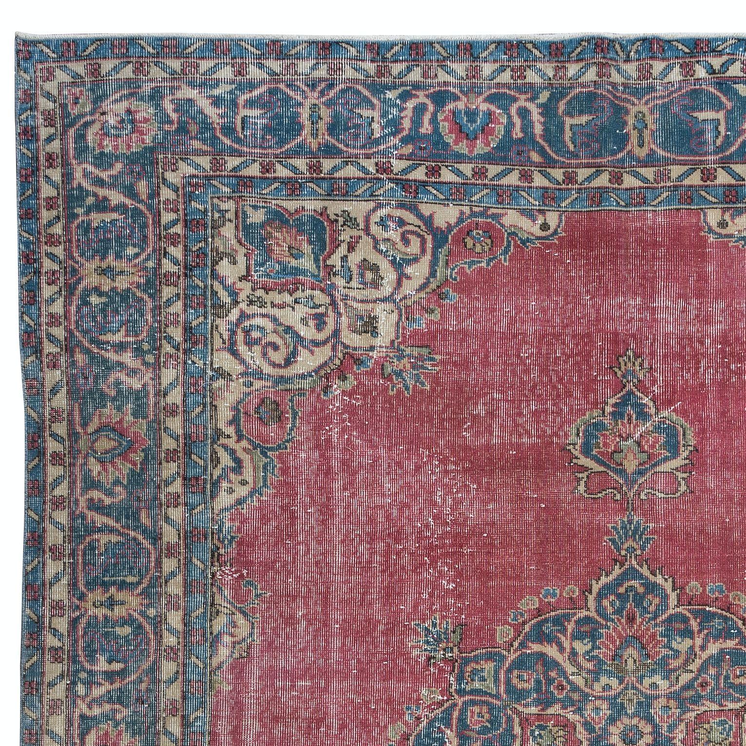 Turkish 7.8x10.5 Ft One of a kind Handmade Vintage Anatolian Area Rug in Red & Dark Blue For Sale