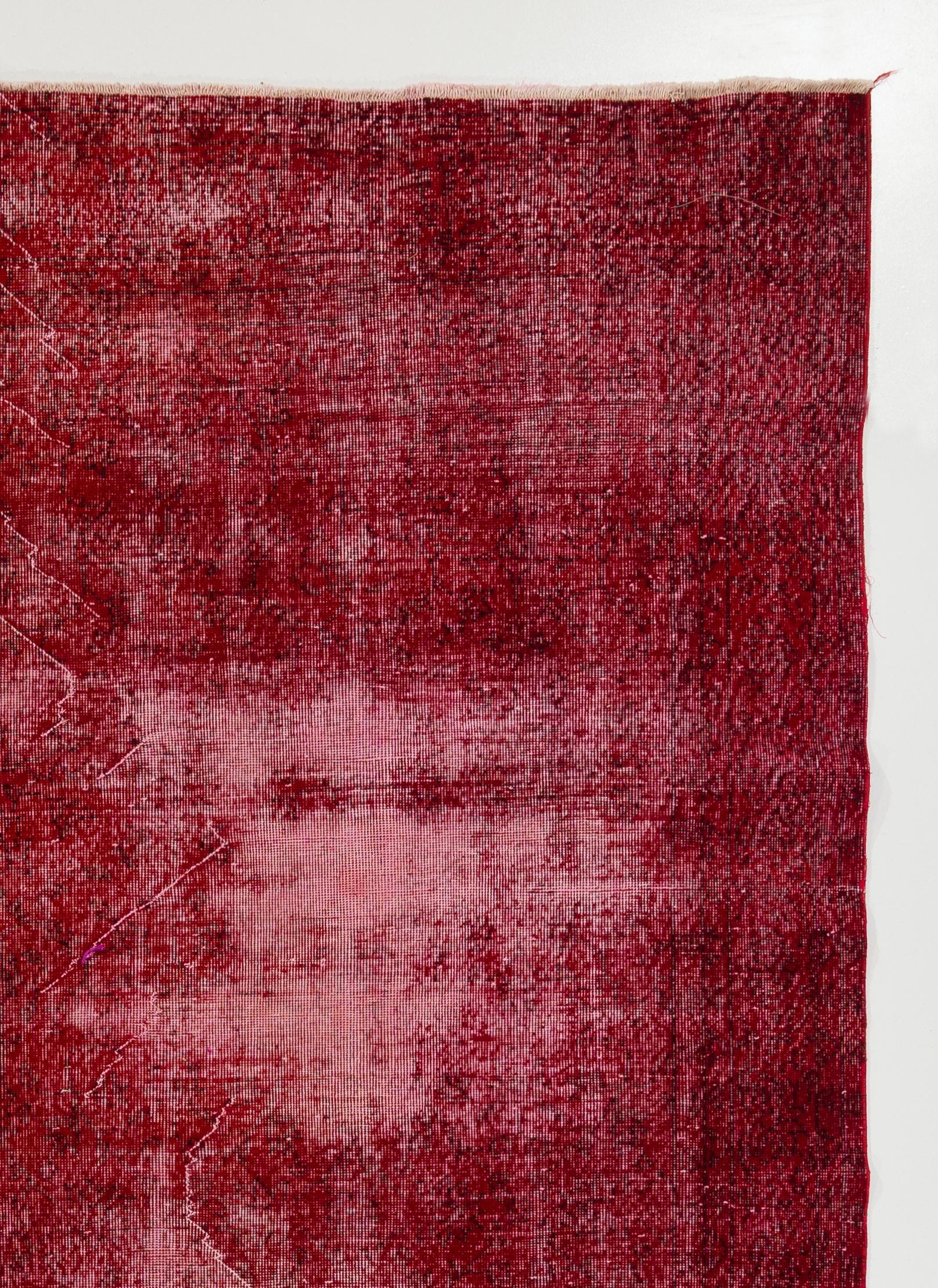 Modern 7.8x10.8 Ft Vintage Turkish Rug in Ruby Red, Distressed Handmade Wool Carpet For Sale
