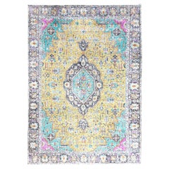 7'8"x10'8" Yellow Painted Vintage Persian Tabriz Colorfest Hand Knotted Wool Rug