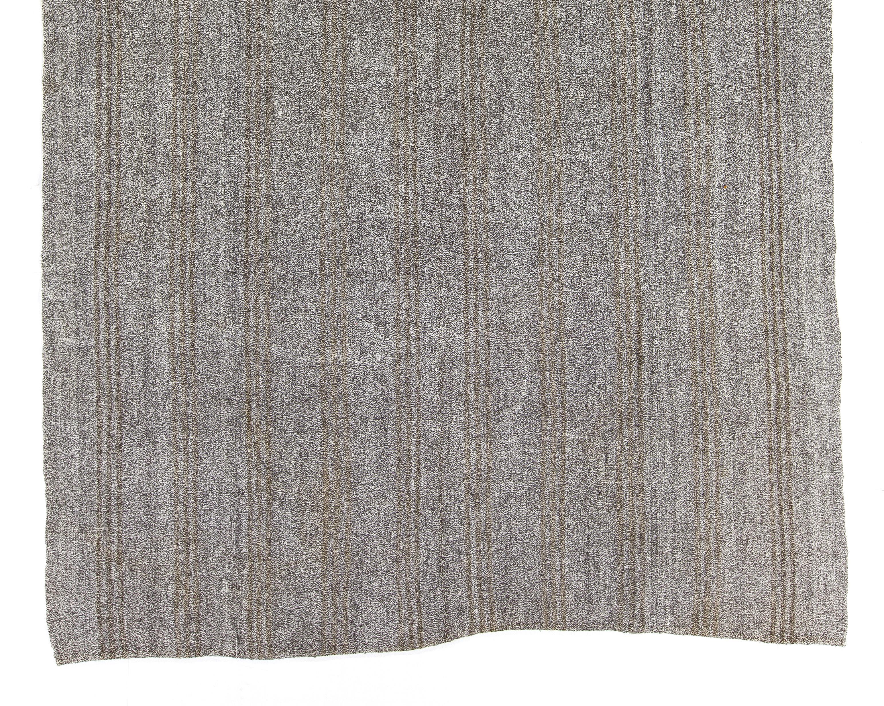 Hand-Woven 7.8x11.5 Ft Natural Goat Wool and Hemp Turkish Kilim, Light Gray & Brown Rug For Sale