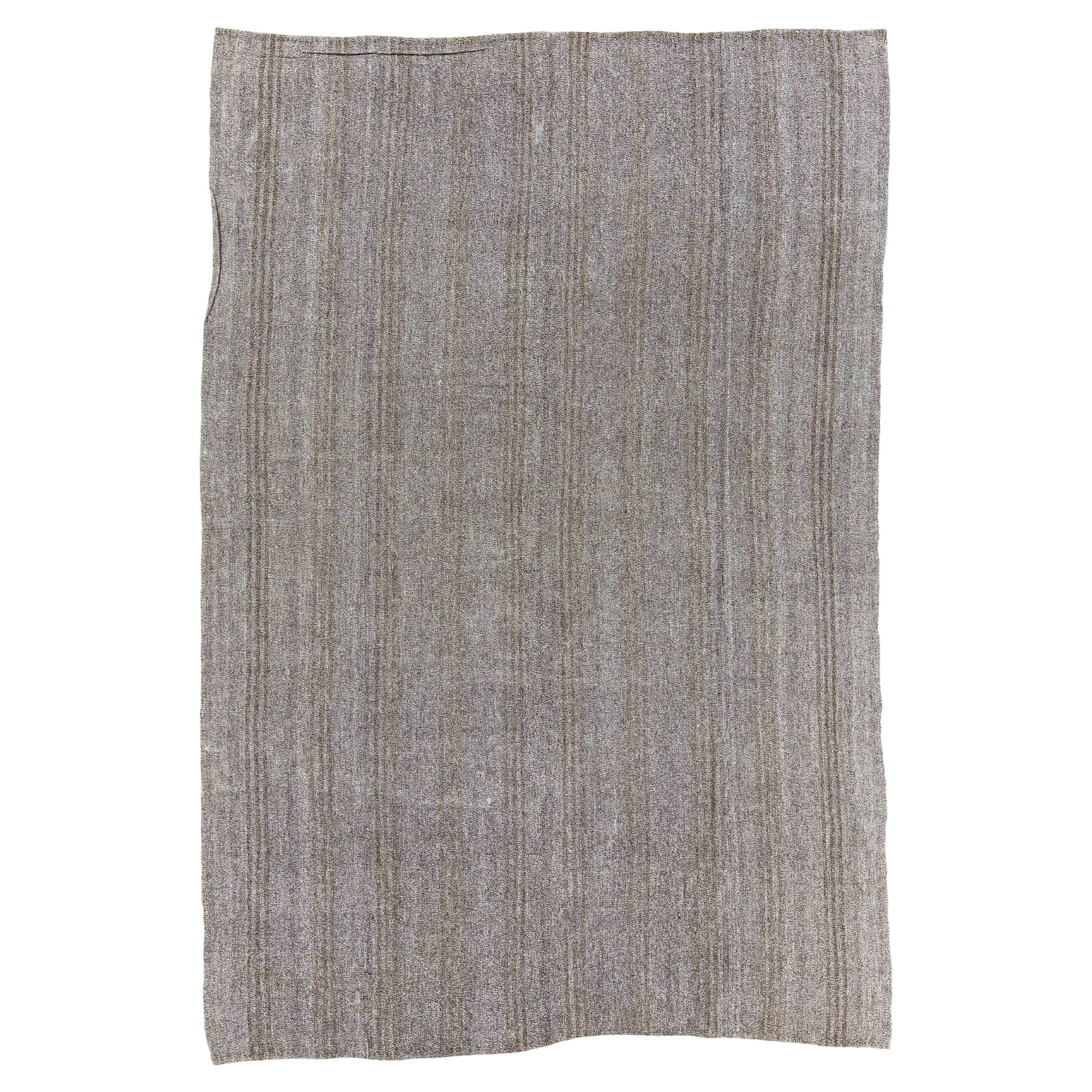 7.8x11.5 Ft Natural Goat Wool and Hemp Turkish Kilim, Light Gray & Brown Rug For Sale