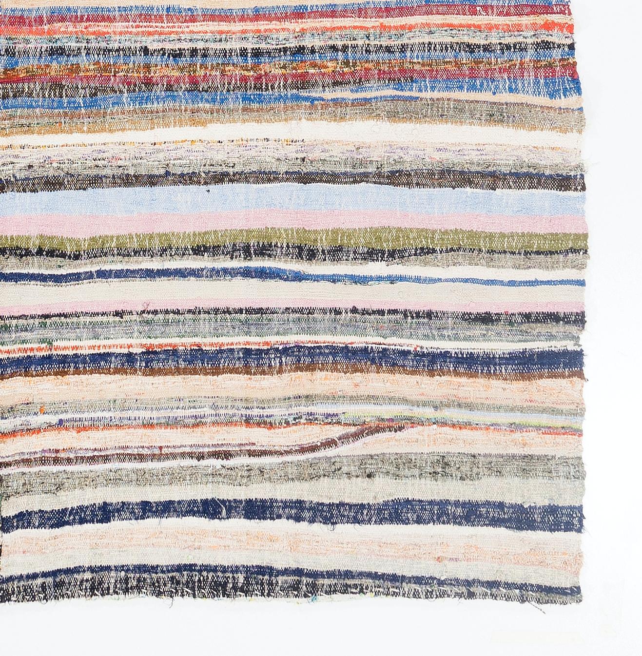 Late 20th Century 7.8x12 Ft Vintage Kilim Carpet, Flatweave Floor Covering, Striped Cotton Rag Rug For Sale