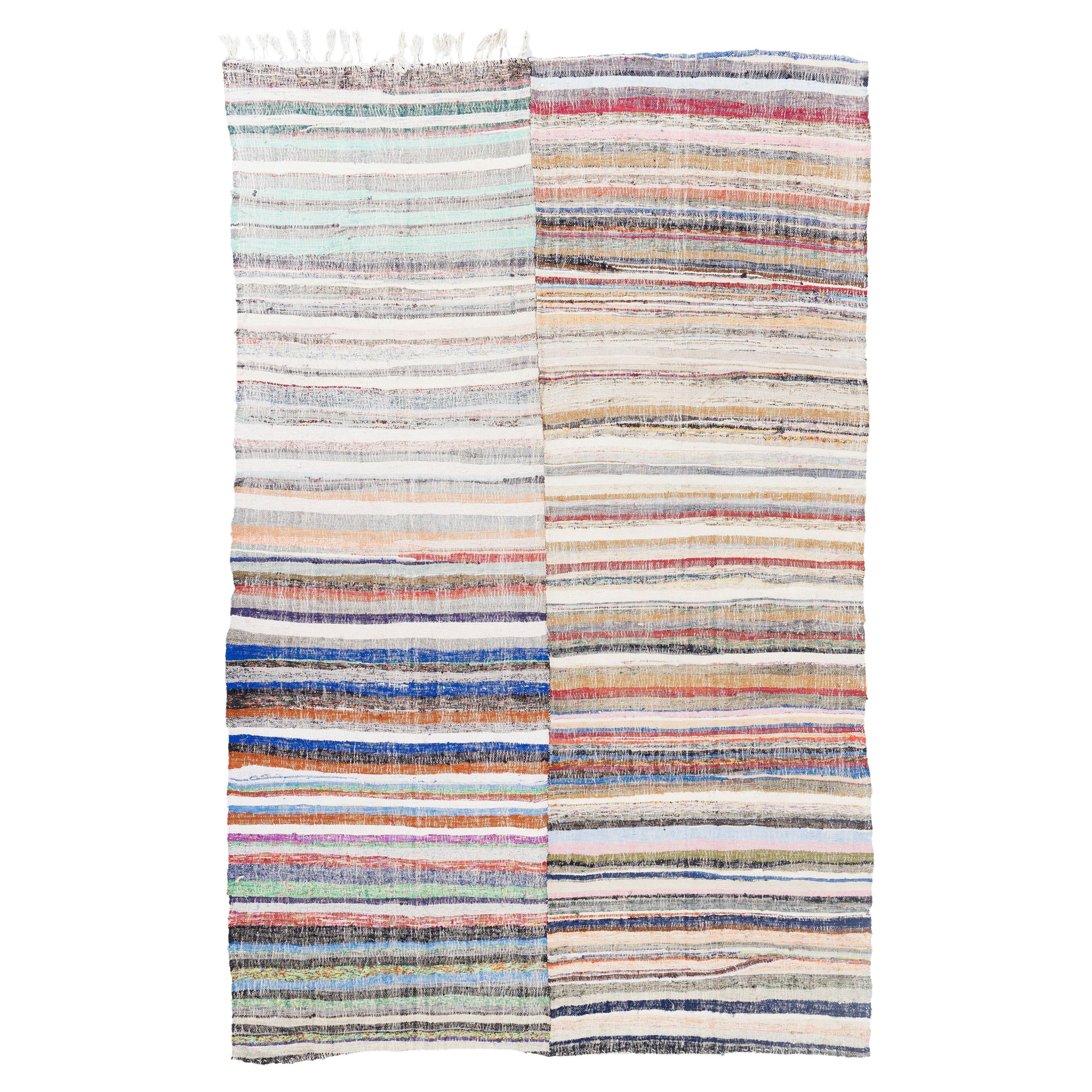 7.8x12 Ft Vintage Kilim Carpet, Flatweave Floor Covering, Striped Cotton Rag Rug For Sale