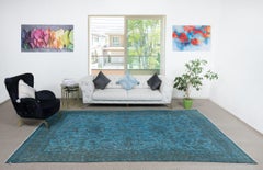 7.8x12.4 Ft Handmade Large Area Rug. Blue Living Room Carpet with Floral Design