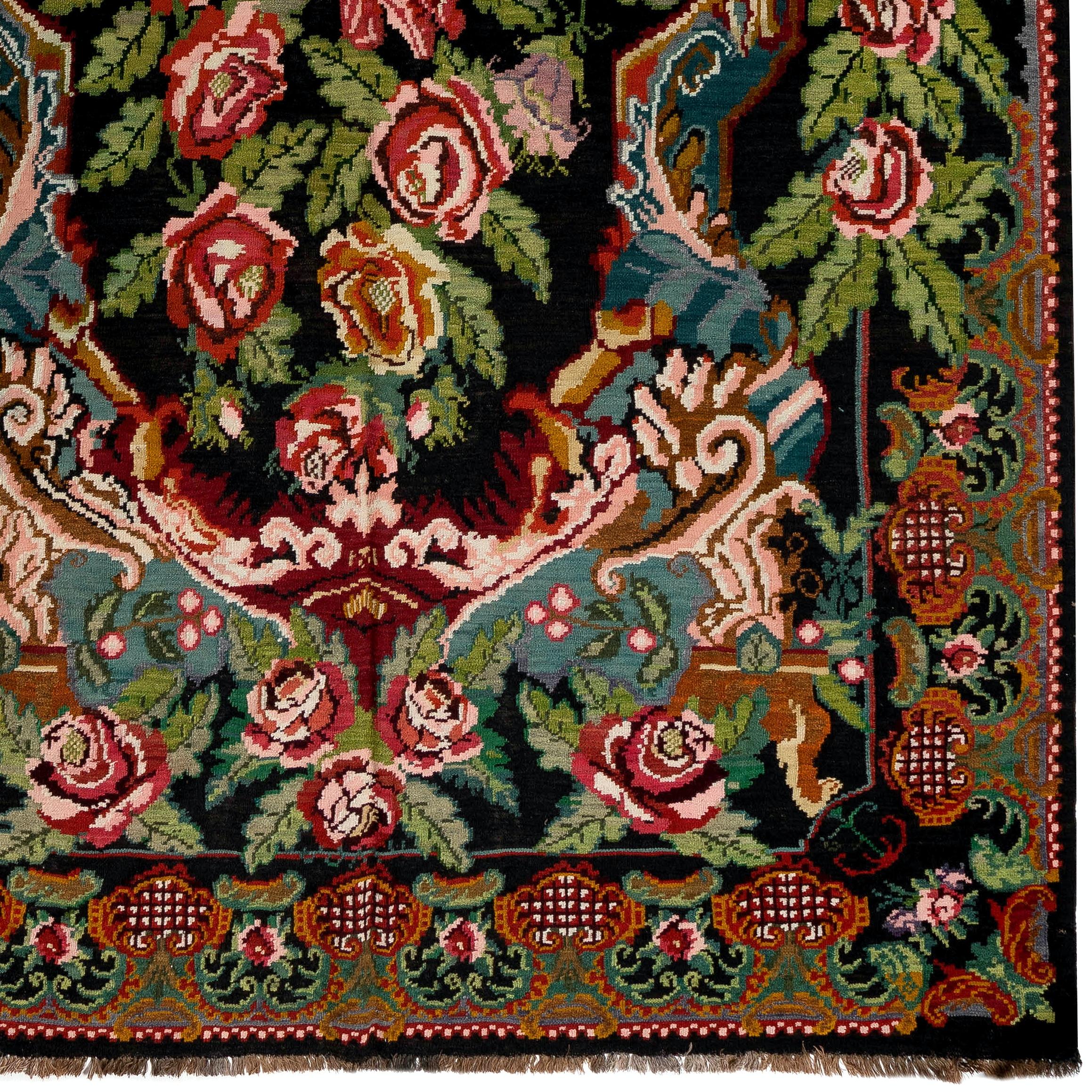 Bohemian 7.8x12.7 Ft Vintage Bessarabian Kilim. Handmade Floral Wool Rug from Moldova For Sale