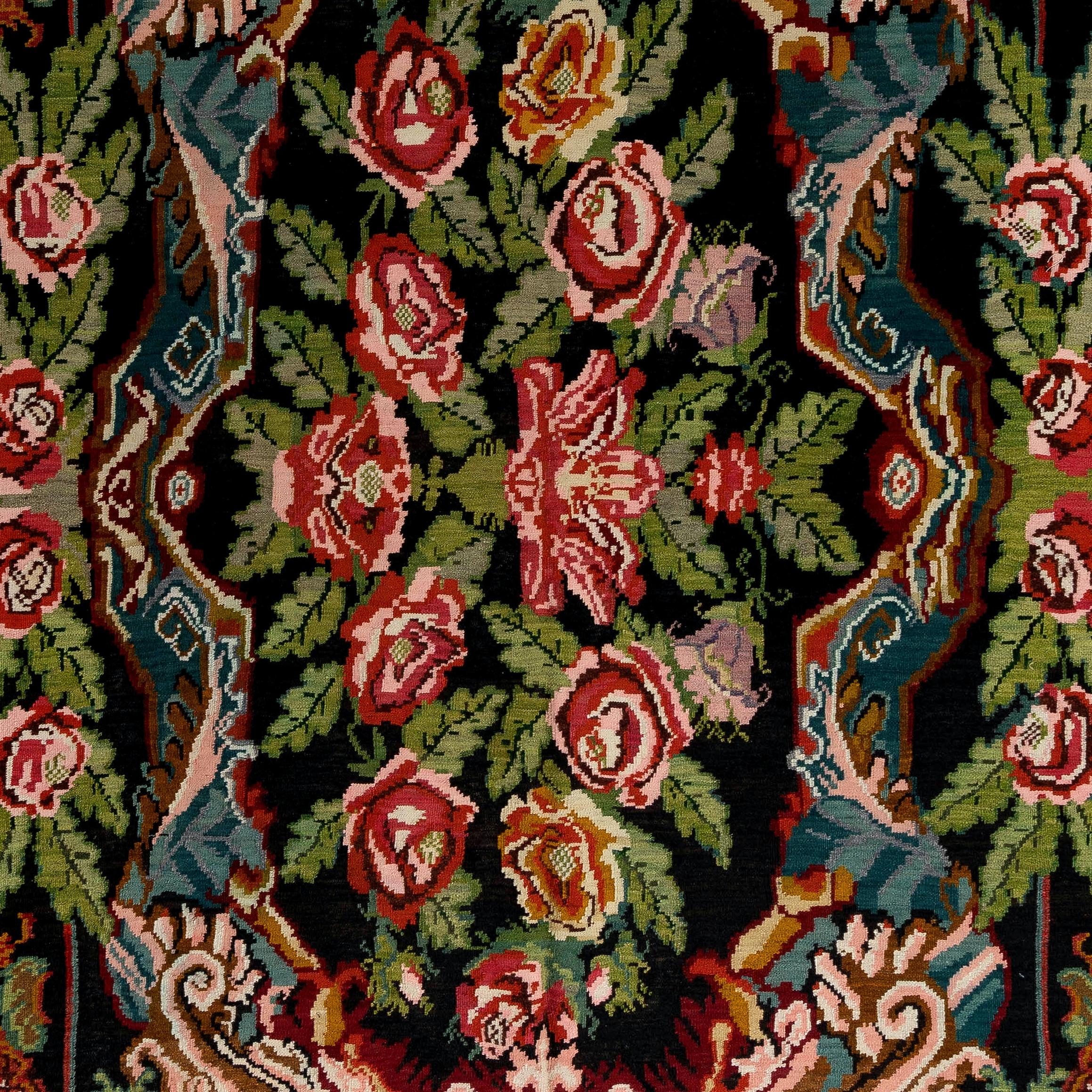 Moldovan 7.8x12.7 Ft Vintage Bessarabian Kilim. Handmade Floral Wool Rug from Moldova For Sale
