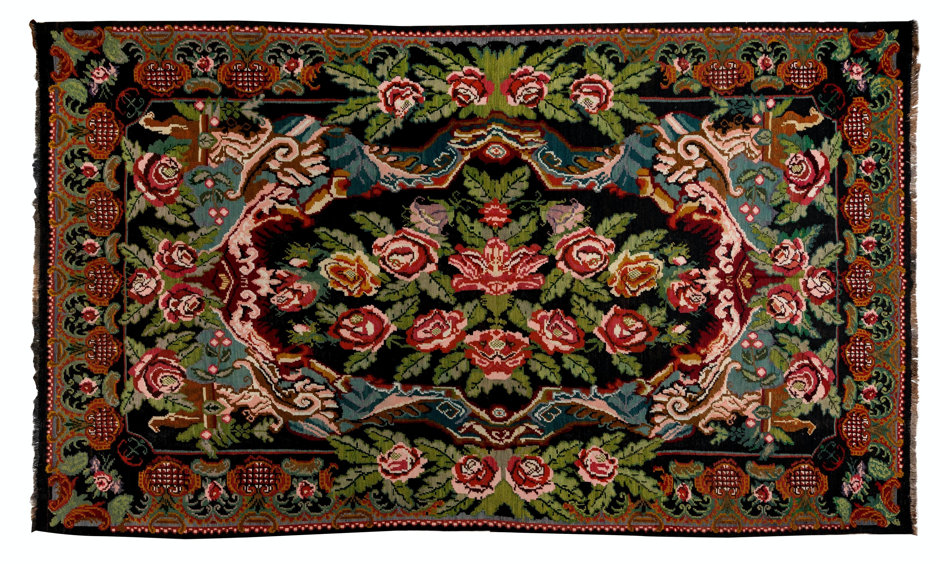 Tissé à la main Kilim Bessarabian vintage 7,8x12,7 Ft. Tapis en laine à motifs floraux fait main en Moldavie en vente