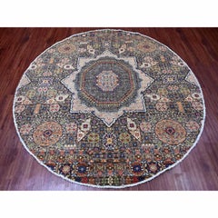 7'8"x7'8" Brown 14th Century Mamluk Pattern Hand Knotted Pure Wool Round Rug