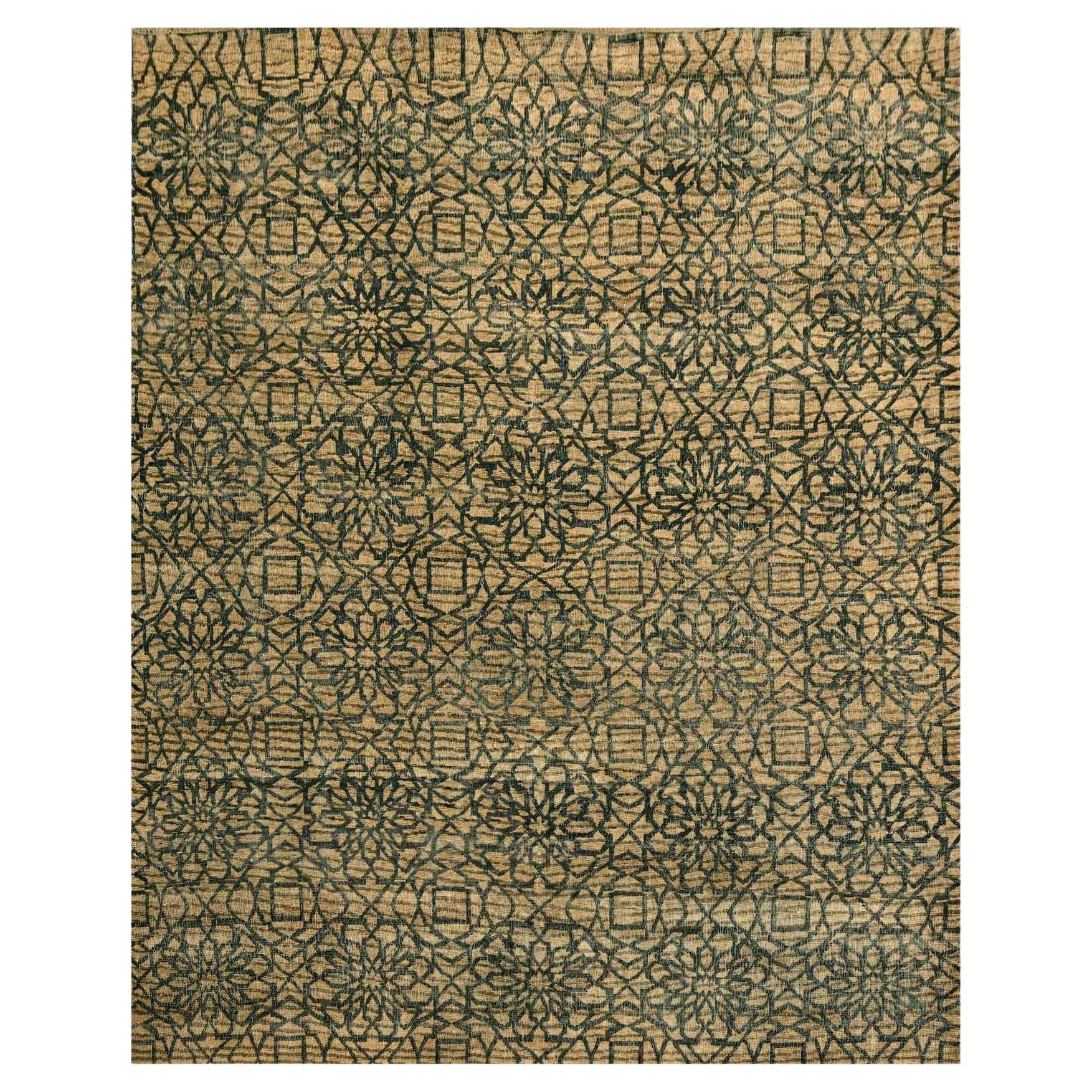 7'8 "x8'7" Tapis en laine naturelle non teintée 7'8 "x8'7" Brown Flower Rosette Motif Hand Knots Rugs en vente