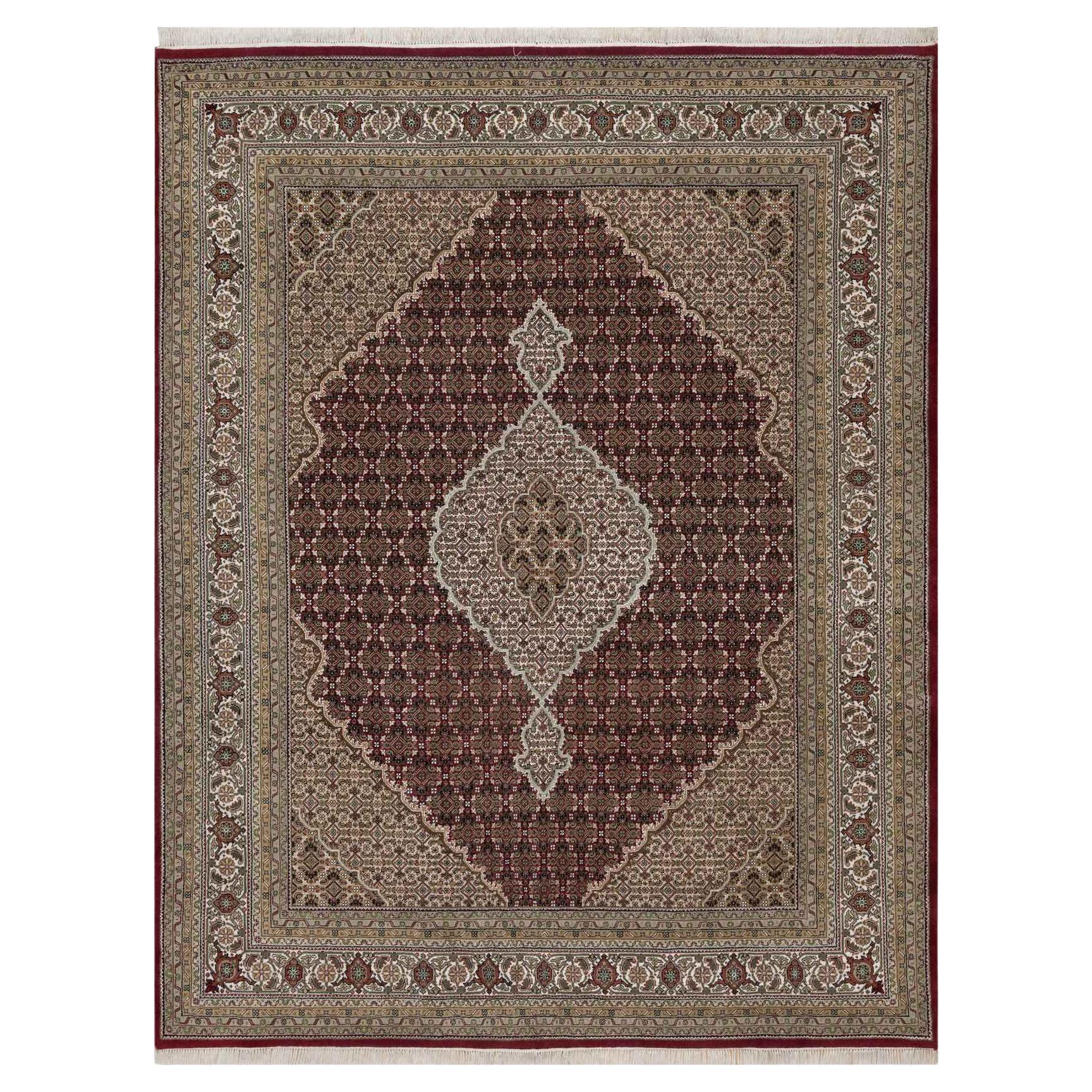 7'8 "x9'10" Rosso Tabriz Mahi con disegno a medaglione Tappeto in lana morbida annodato a mano