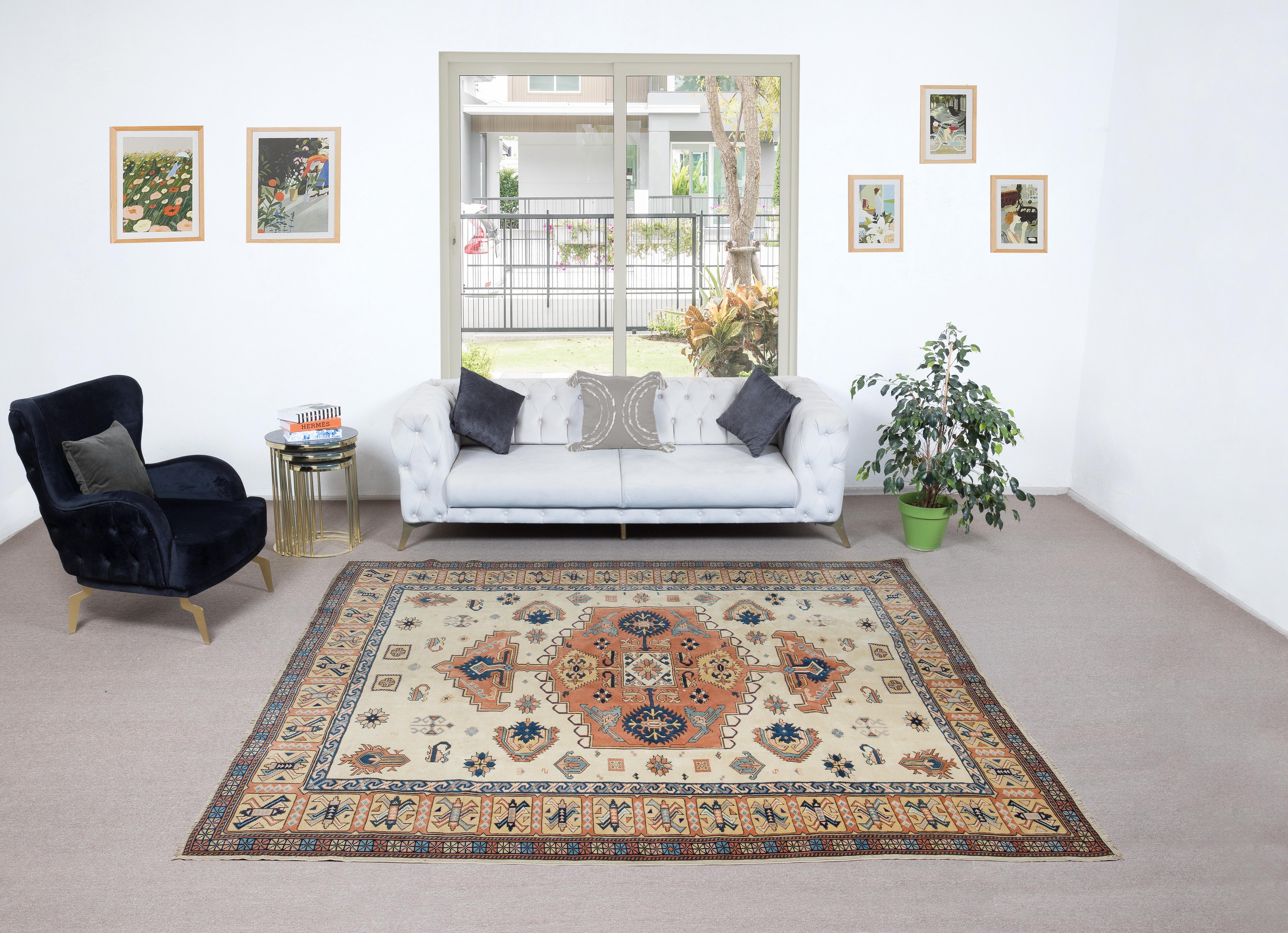 Rustic 7.8x9.2 Ft Traditional Vintage Handmade Turkish Rug with Medalllion, 100% Wool For Sale