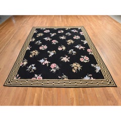 7'8"x9'5" Black Needlepoint with Botanical Design Pure Wool Hand Stitched Rug