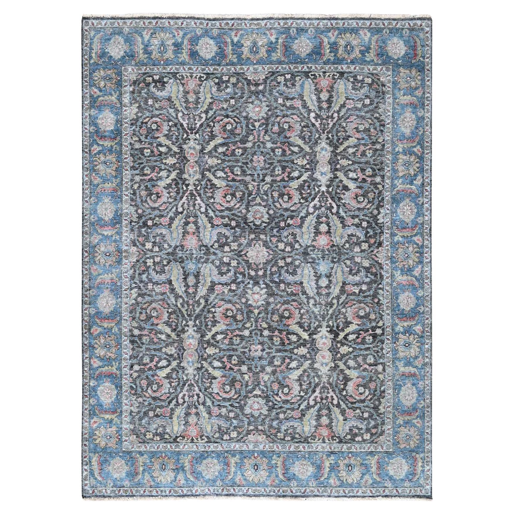 7'8"x9'6" Black Cropped Thin Antiqued Zeigler Mahal Hand Knotted 100% Wool Rug