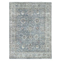 7'8"x9'6" Grauer handgeknüpfter Wollteppich im antiken Täbris-Design im Distressed Zero Pile-Design