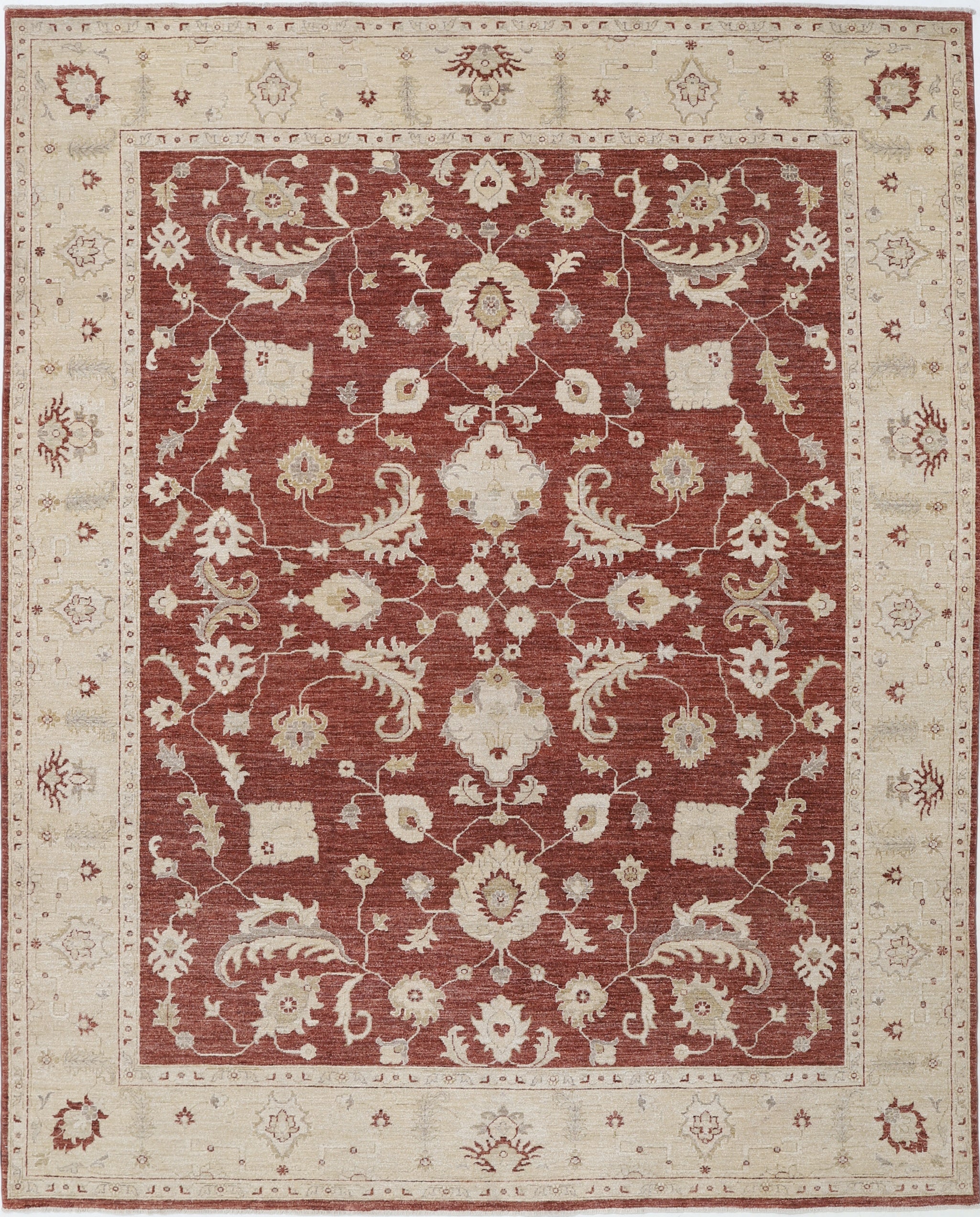 7.8x9.7 ft Hand Knotted Floral Turkish Area Rug with Red Field and Beige Border
