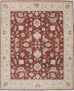 7.8x9.7 ft handgeknüpfter türkischer Floral Teppich mit rotem Feld und beiger Bordüre