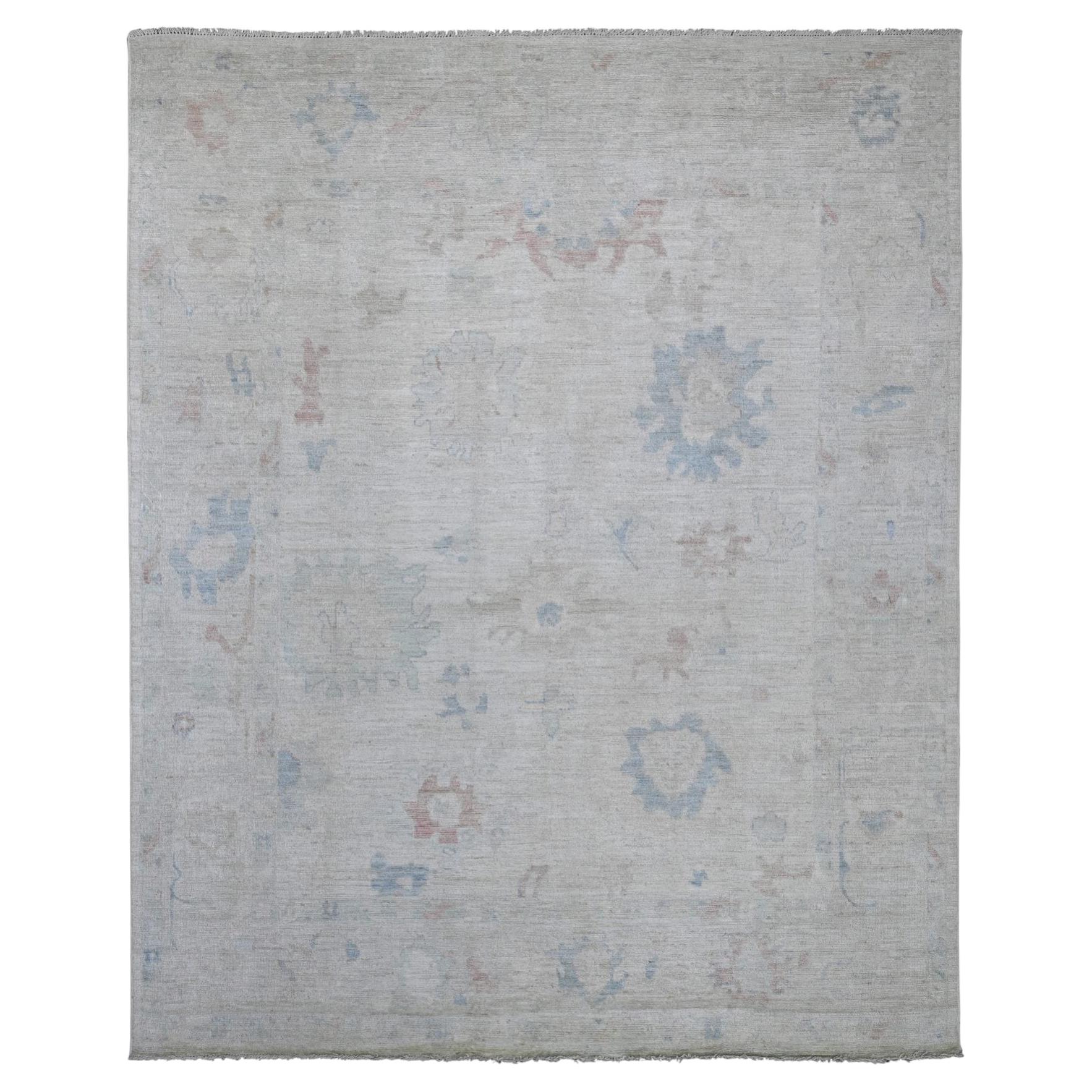 7'8"x9'7" Light Gray Afghan Angora Oushak Hand Knotted Pure Wool Oriental Rug